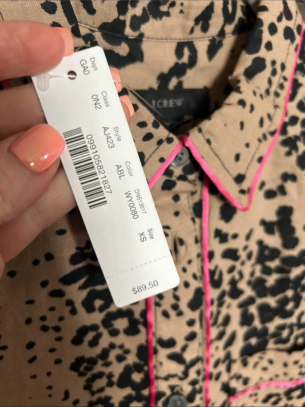 J. Crew Tan and Black Leopard Print Shirt with Pink Trim